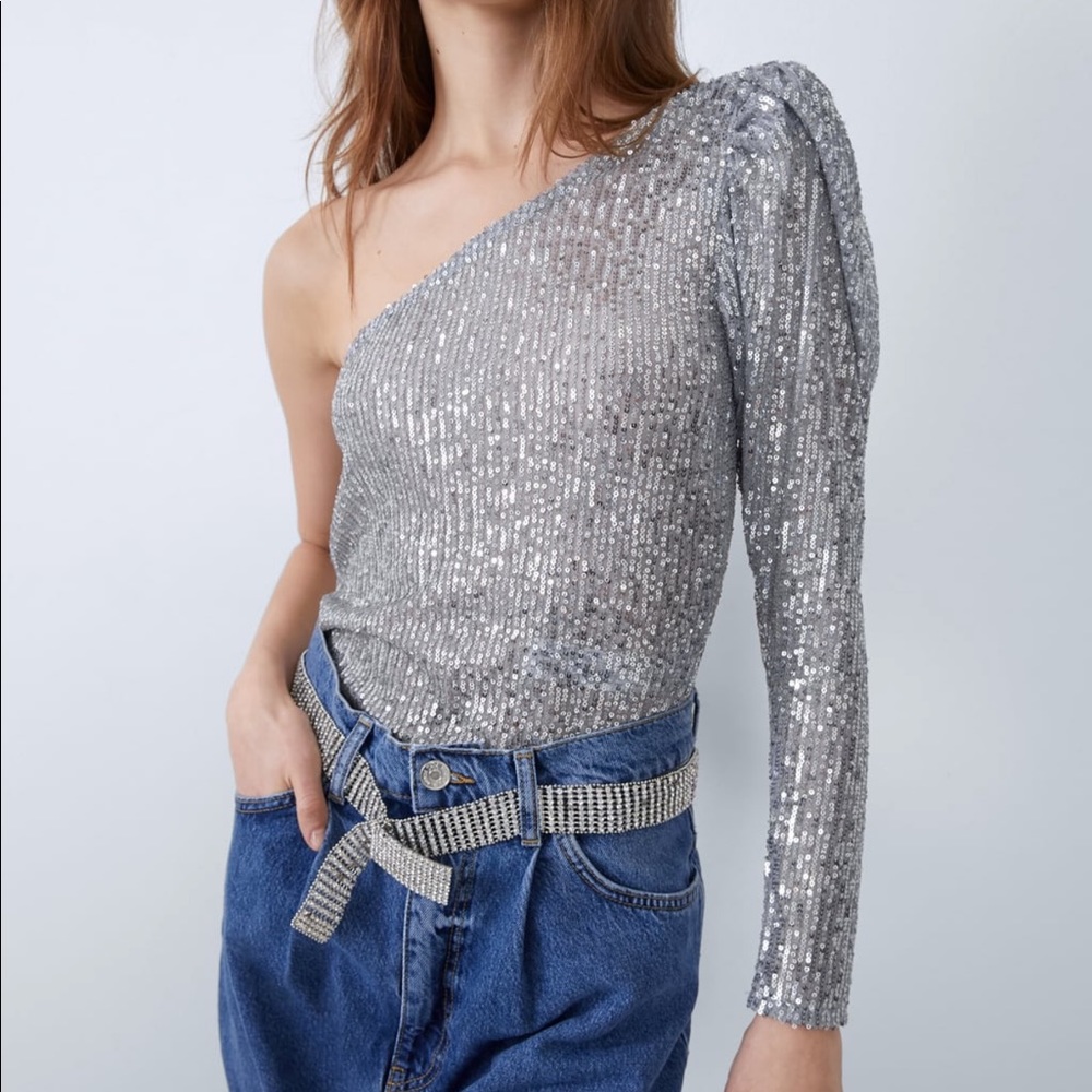 ZARA SEQUINS ONE OFF SHOULDER BODYSUIT - Picture 2 of 4